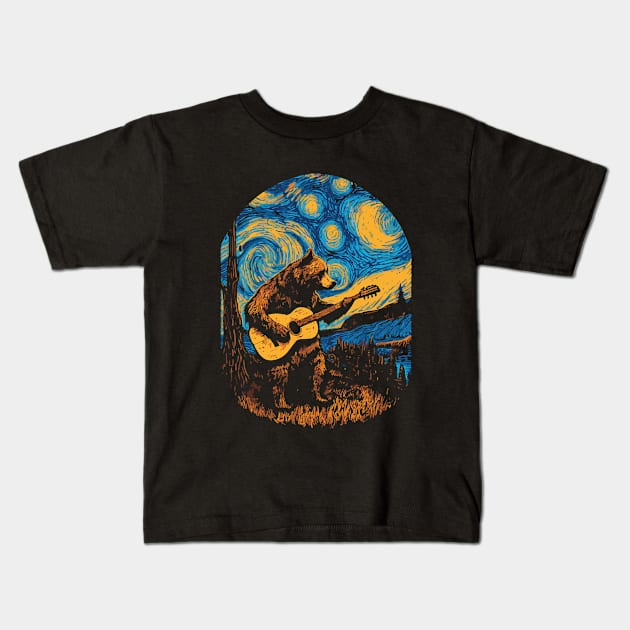 Bear Playing Guitar on a Starry Night Kids T-Shirt by susanne.haewss@googlemail.com